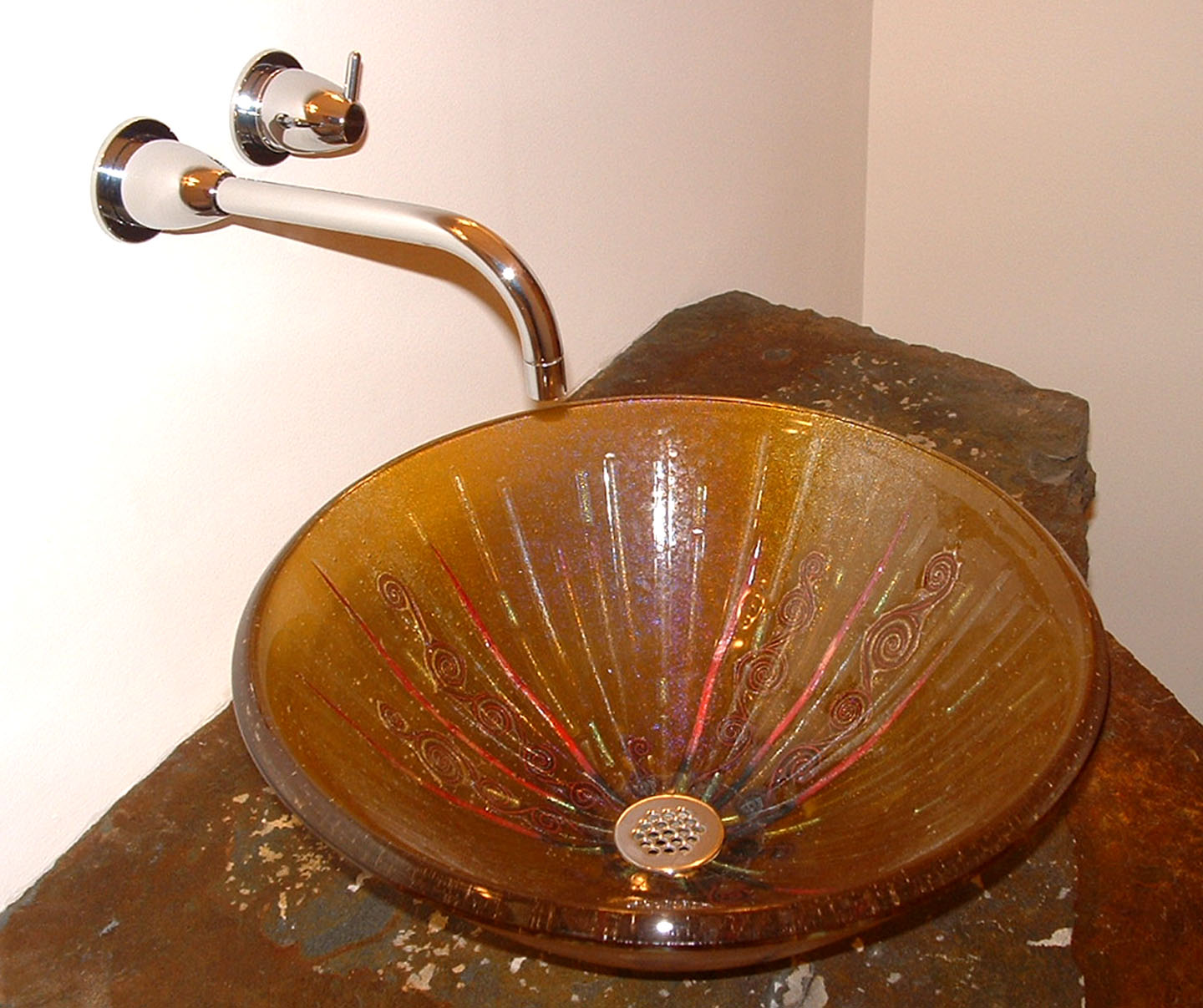 Picture of Amber Glass Vessel Sink With Copper Swirls