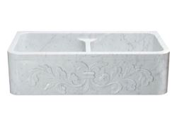 36" White Marble Double-Well Farmhouse Sink with Carved Front