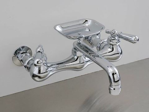 Strom Plumbing Swivel Spout Wall-Mount Kitchen Faucet with Soap Dish & Lever Handles