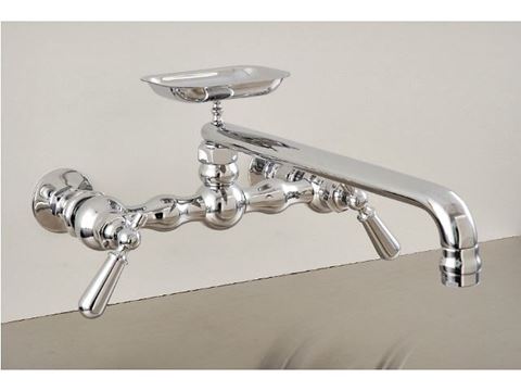 Strom Plumbing 12" Swivel Spout Wall-Mount Kitchen Faucet with Soap Dish & Lever Handles