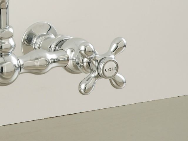 Picture of Strom Plumbing Wall-Mounted Kitchen Faucet with Arched Swivel Spout & X-Point Handles