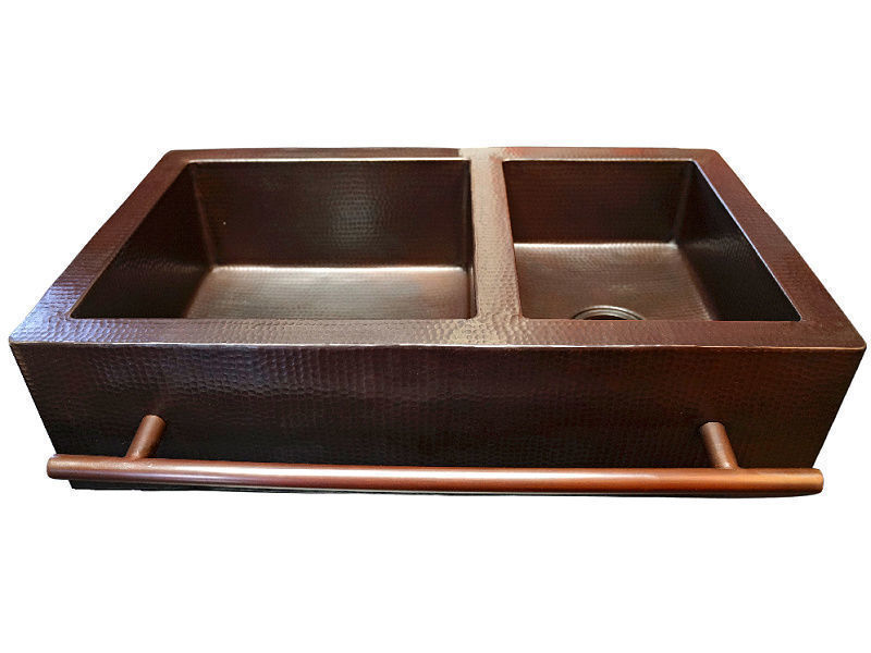 Copper Farmhouse Sink with Towel Bar - 60/40 by SoLuna